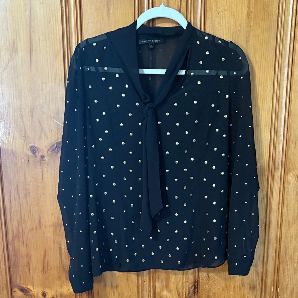 Cynthia Steffe Black Blouse with Gold Dots - Sheer - Long Sleeve - Size 4